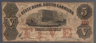 $5 State Bank South Carolina Charleston Southern Rebel Confederate Currency Note photo