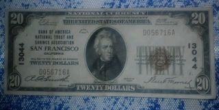 20 Dlls.  Bank Of America National Trust. . .  San Fransisco Ca.  Series Of 1929 photo