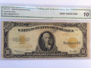 Series 1922 Large Size $10 Gold Certificate Note - Very Good photo