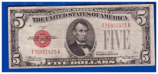 1928c 5 Dollar Bill Old Us Note Legal Tender Paper Money Currency Red Seal D - 7 photo