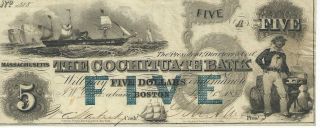 Obsolete Currency Massachusetts Cochituate Boston Bank $5 1853 G8a Issued 388 photo