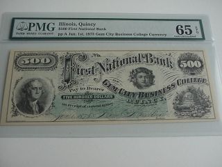 1873 $500 First National Bank Gem City Business College Currency Pmg 65 Epq photo