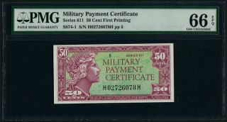 Mpc U.  S.  Military Payment Certificate Series 611 50 Cent First Printing Pmg 66 photo