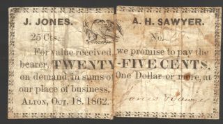 25¢ 1862 Jones & Sawyer Alton Hampshire Old Obsolete Nh Paper Money Currency photo