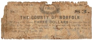 $3 County Of Norfolk Va Obsolete Virginia Paper Money Wilson Currency Note Bill photo