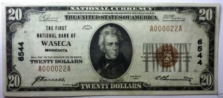 Fr 1802 - 1929 $20.  00 - National Currency - 1stn.  B. ,  Waseca,  Mn 6544 A.  U.  /c.  U. photo