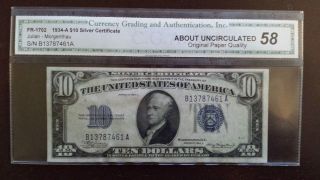 1934 - A $10 Silver Certificate Cga Graded Au - Paper Quality photo