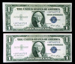 Star (2) Consecutive Uncirculated 1935e $1 One Dollar Silver Certificates photo