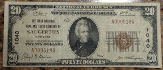 1929 $20 National Currency The First National Bank & Trust Co.  Of Saugerties Ny photo