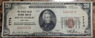 1929 $20 National Currency The Otselic Valley National Bank Of South Otselic Ny photo
