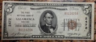 1929 $5 National Currency The First National Bank Of Salamanca York photo
