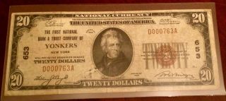 1929 $20 National Currency Circulated The Yonkers National Bank & Trust Co.  Ny photo