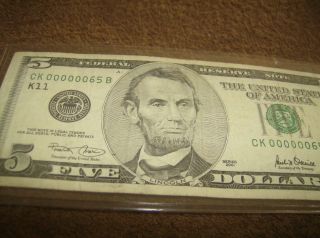 Frn Series 2001 2 Digit Serial Number 5 Dollar Bill photo