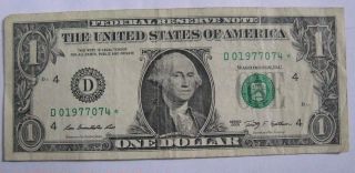 $1 Star Note D 01977074 Series 2009 Circulated Birthday Note July 4 1977 photo