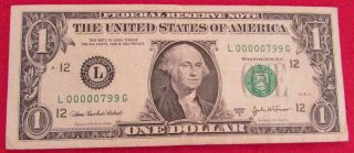 $1 Bill - Three Digit Serial Number Of 00000799 photo
