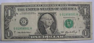 Fancy Serial Number $1 Birthday Note G 01958501 H Series 2006 Circulated photo