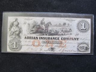 1860 ' S Adrian Insurance Co.  Unc.  Michigan 1$remainder Slave/native America Note. photo