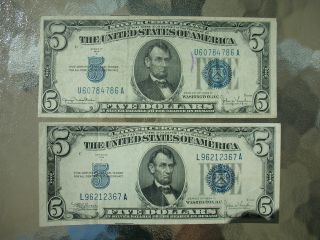 Two - 1934 ' C & D ' $5 Silver Certificates Bright Blue Seal With Plastic Inserts photo