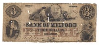 Milford,  Delaware,  $3.  00,  1854 Obsolete Note,  The Bank Of Milford,  De,  Tough State photo
