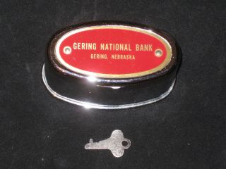 Gering,  Nebraska,  “gering National Bank”,  Chrome Oval Still Bank W/ Key photo