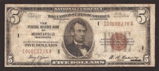 $5 Federal Reserve Bank Note,  Series 1929,  Minneapolis,  Fr 1850 - I,  Tough Dist photo