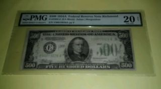 1934 A 500 Hundred Dollars Federal Reserve Note Richmond 20 Pmg Very Fine photo