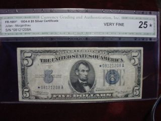 1934a $5 Silver Certificate Star Note,  Fr - 1651 Cga - Very Fine 25 photo