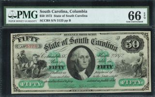 1872 $50 Obsolete - South Carolina,  Columbia - Revenue Bond Scrip - Pmg 66epq photo