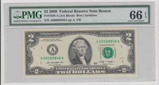 2009 $2 Dollar Note Pmg 66 Epq Boston Gem Unc Low Serial 88848 photo