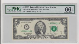 2009 $2 Dollar Note Pmg 66 Epq Boston Gem Unc Low Serial 88810 photo