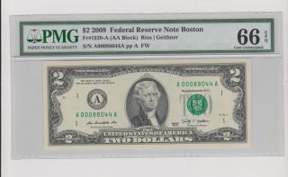 2009 $2 Dollar Note Pmg 66 Epq Boston Gem Unc Low Serial 88044 photo