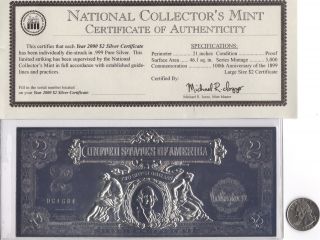 Year 2000 $2 Silver Certificate With.  999 Pure Silver,  1 In 5000 photo