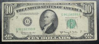 1950 E Ten Dollar Federal Reserve Note Chicago Fine Holed 8399h Pm3 photo
