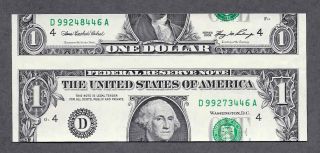 Circulated 2006 $1 Cleveland Note 2 Different Serial Numbers,  False Cutting Error photo