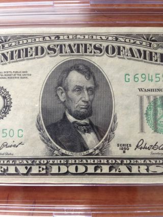 1950 B 5 Dollar Green Seal Note In Snaplock Unc Note Chicago Serial photo
