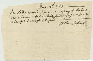 1763 Promissory Note To Declaration Of Independence Signer,  Robert Treat Paine photo