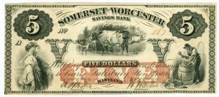 1862 Somerset & Worcester Savings Bank Of Salisbury Maryland Five Dollar Note Xf photo