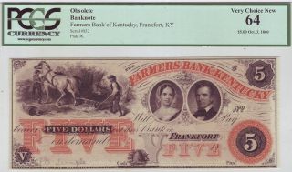 The Farmers Bank Of Kentucky $5 - 1860 Frankfort,  Ky Pcgs Very Choice 64 photo