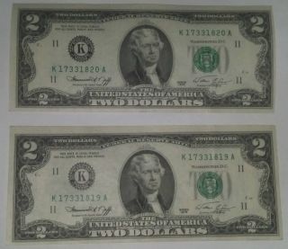 Two Series 1976 $2 C Philadelphia Note K17331819 A And K17331820 A photo