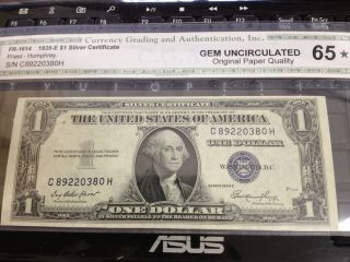 1935 E 1 Dollar Silver Certificate With Blue Seal Unc Note Graded By Cga 65 photo