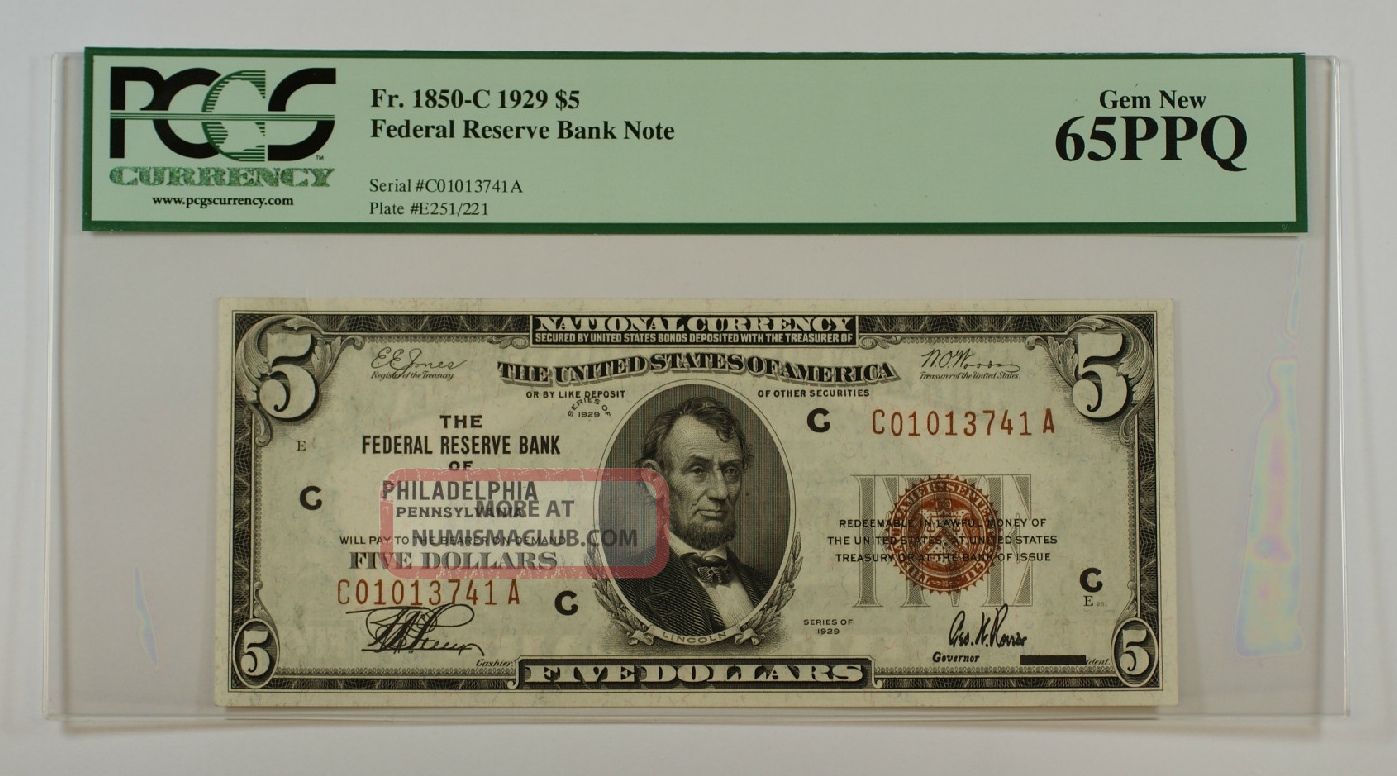 1929 $5 Five Dollar Frbn Philadelphia Note Pcgs Gem 65 Ppq Fr.  1850 - C Small Size Notes photo