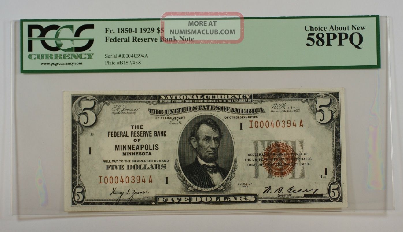 1929 $5 Five Dollar Frbn Minneapolis Note Pcgs About 58 Ppq Fr.  1850 - I Small Size Notes photo