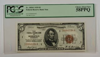 1929 $5 Five Dollar Frbn Minneapolis Note Pcgs About 58 Ppq Fr.  1850 - I photo