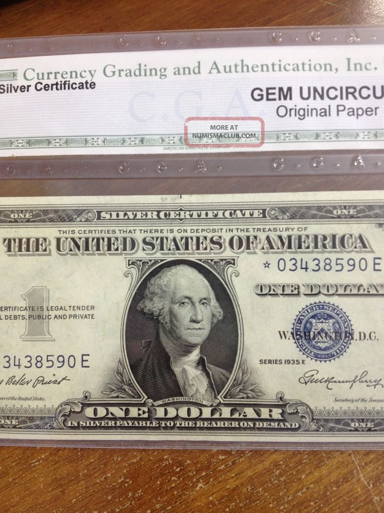 1935 E 1 Dollar Silver Certificate With Blue Seal Unc Note Graded Star Note
