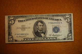 1953a Silver Certificate Blue Seal - Vg/f - 5 Dollar Note photo