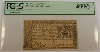Apr.  10 1774 $2 Maryland Colonial Currency Note Pcgs Ef - 40 Ppq Md - 67 photo