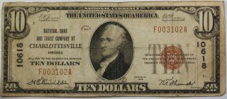 1929 $10 National Currency Note,  National Bank & Trust Charlottsville Va,  10618 photo