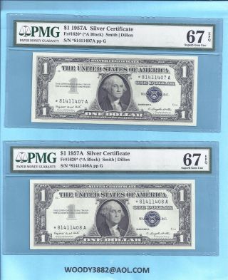 2 Consec 1957 - A $1 Silver Certificate Fr - 1620 Star - A Pmg 67 Sup - Gem 1407 - 1408 photo