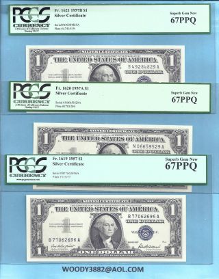 1957,  1957 - A,  1957 - B 3 $1 Silver Certificates Series Pcgs 67 Gem photo