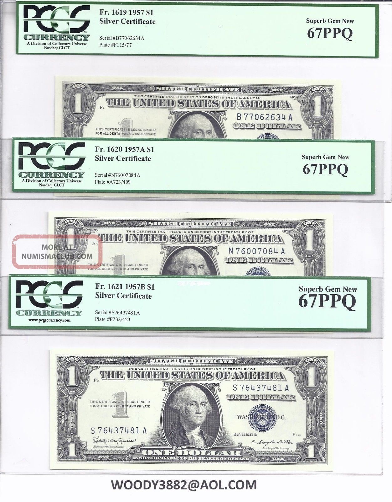 1957 1957 A 1957 B 3 $1 Silver Certificates Series Pcgs 67 Gem
